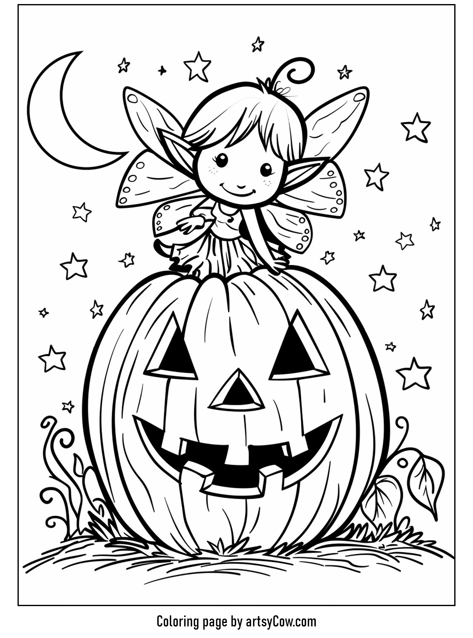halloween pumpkin drawings for kids, featuring a cute fairy sitting on a jack-o'-lantern surrounded by twinkling stars and a playful tiny pumpkin.